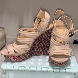 Colorful ribbon strappy wedge sandals